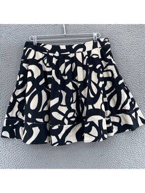 FEI Skirt Women 10 Black Abstract Floral Art Swirls Pleated Pockets Mini A Line*